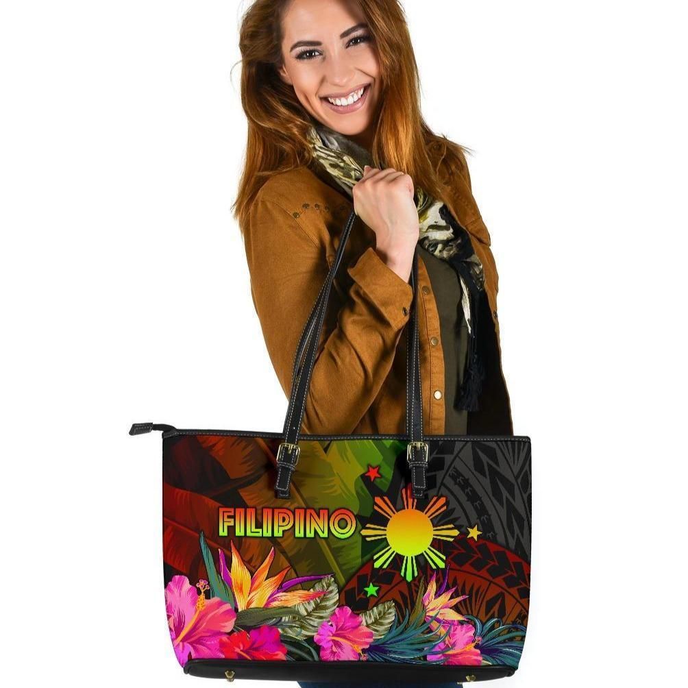 The Philippines Polynesian Leather Tote Bag Hibiscus and Banana Leaves RLT6