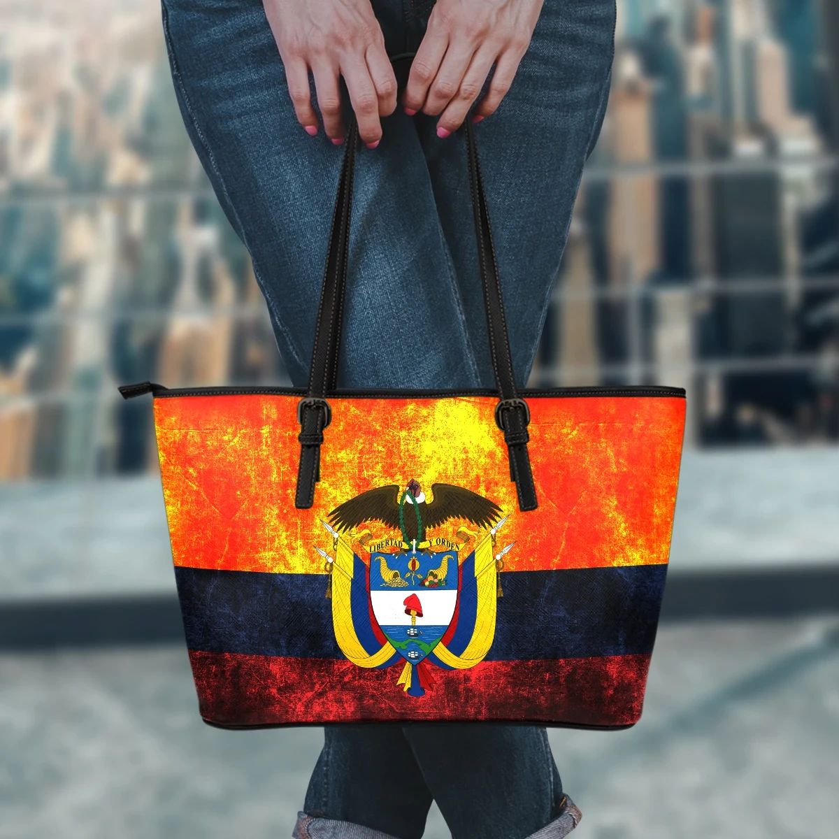 Colombia Grunge Flag Leather Tote Bag RLT7