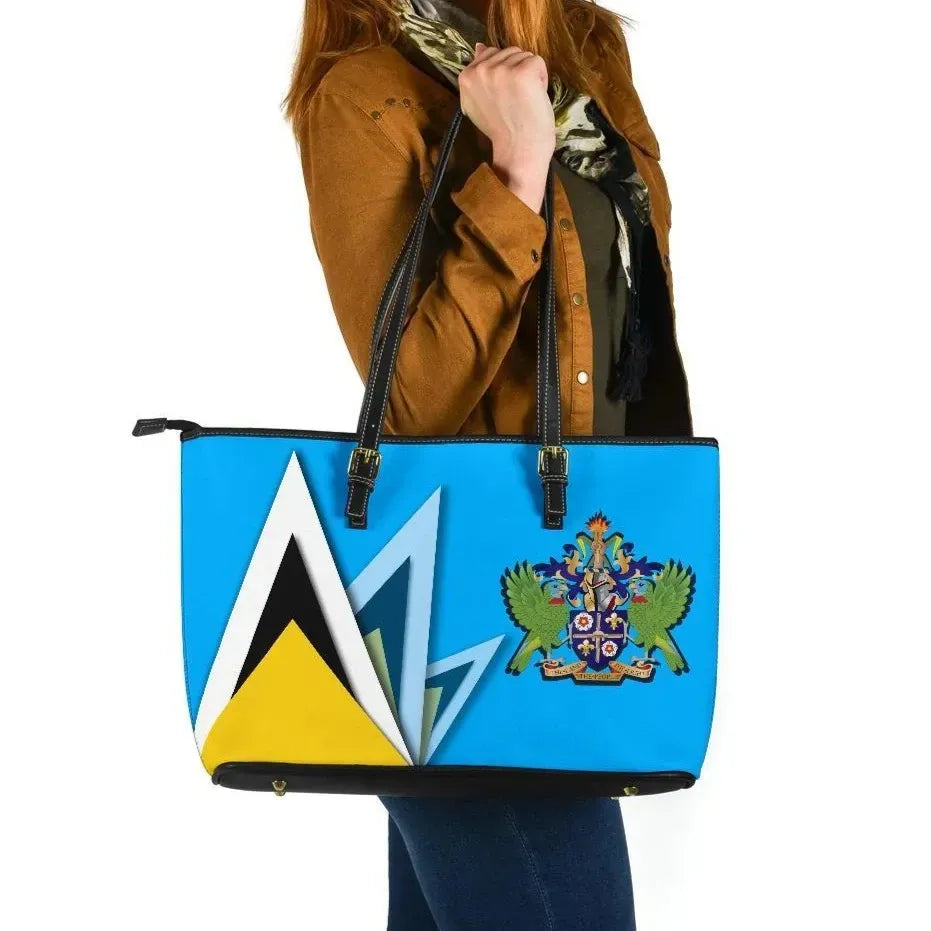 Saint Lucia Leather Tote Bag Flag With Coat Of Arms RLT6