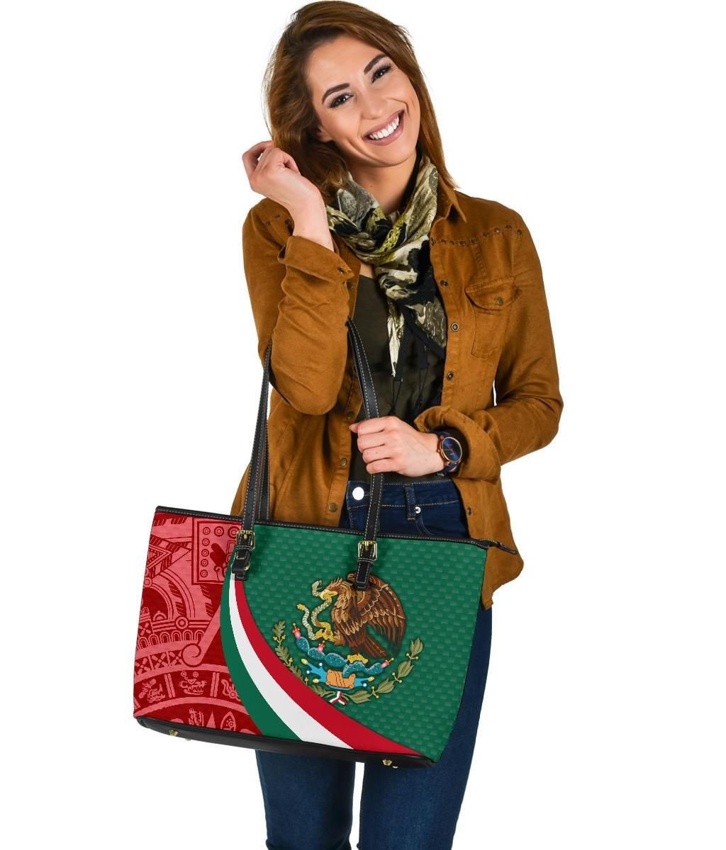 Mexico Leather Tote Bag Mexico Coat Of Arms With Aztec Patterns RLT13
