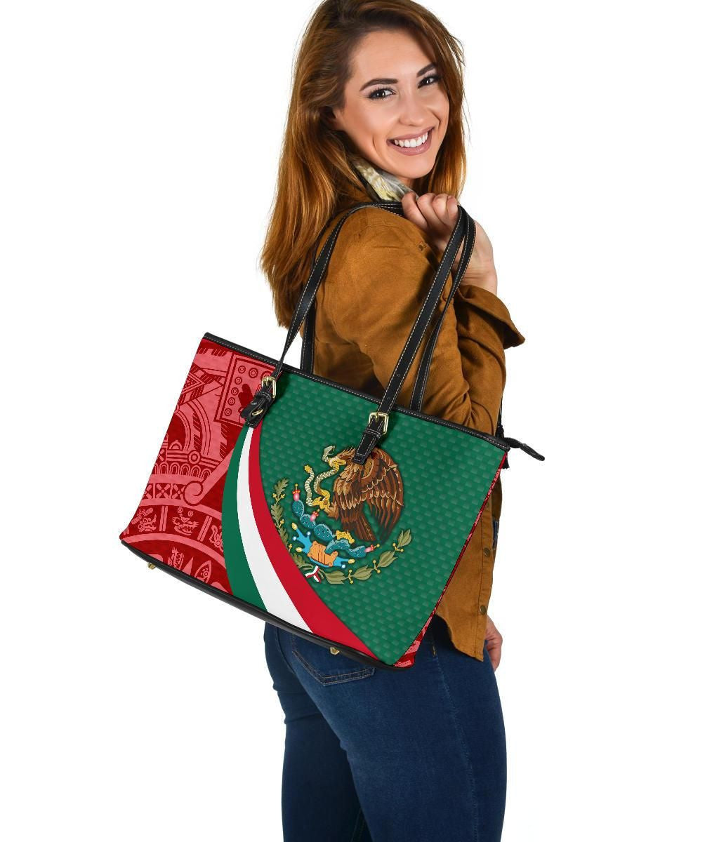 Mexico Leather Tote Bag Mexico Coat Of Arms With Aztec Patterns RLT13