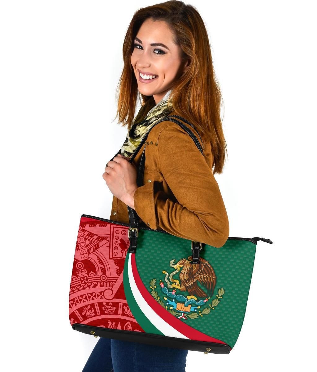 Mexico Leather Tote Bag Mexico Coat Of Arms With Aztec Patterns RLT13