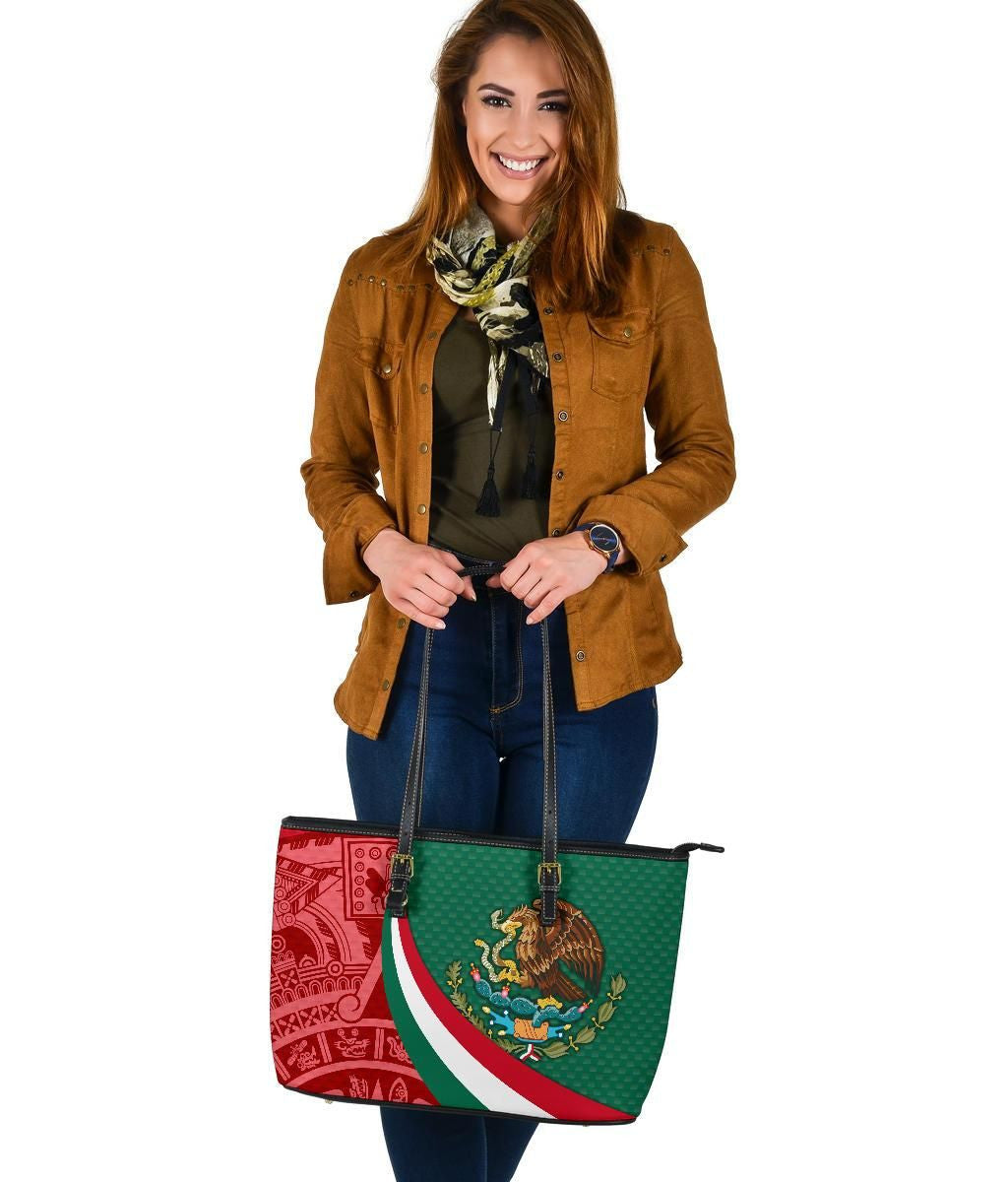 Mexico Leather Tote Bag Mexico Coat Of Arms With Aztec Patterns RLT13
