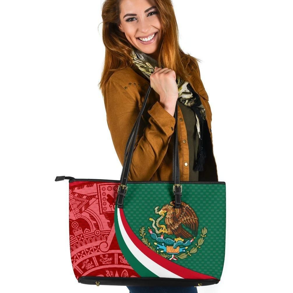 Mexico Leather Tote Bag Mexico Coat Of Arms With Aztec Patterns RLT13