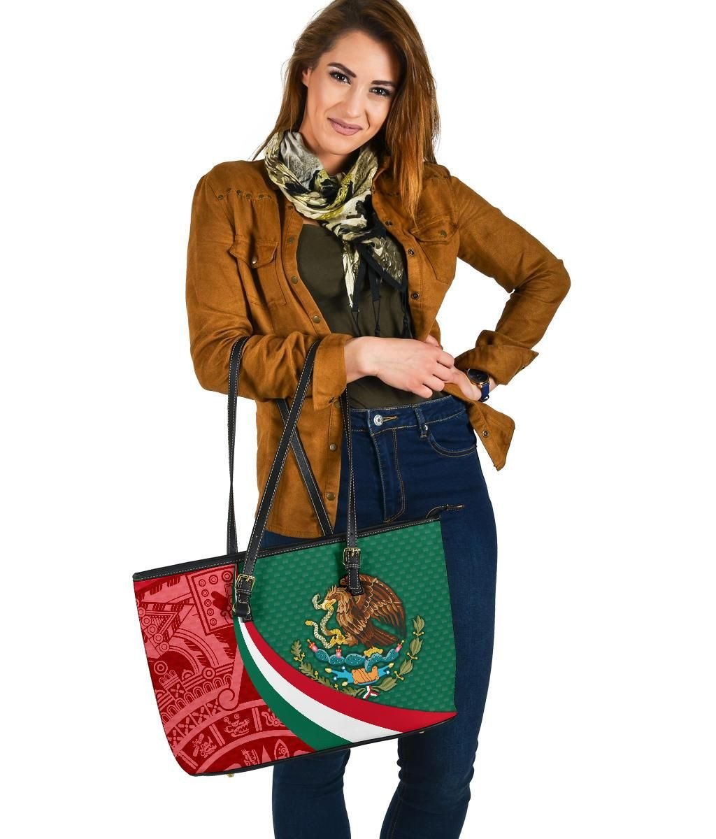 Mexico Leather Tote Bag Mexico Coat Of Arms With Aztec Patterns RLT13