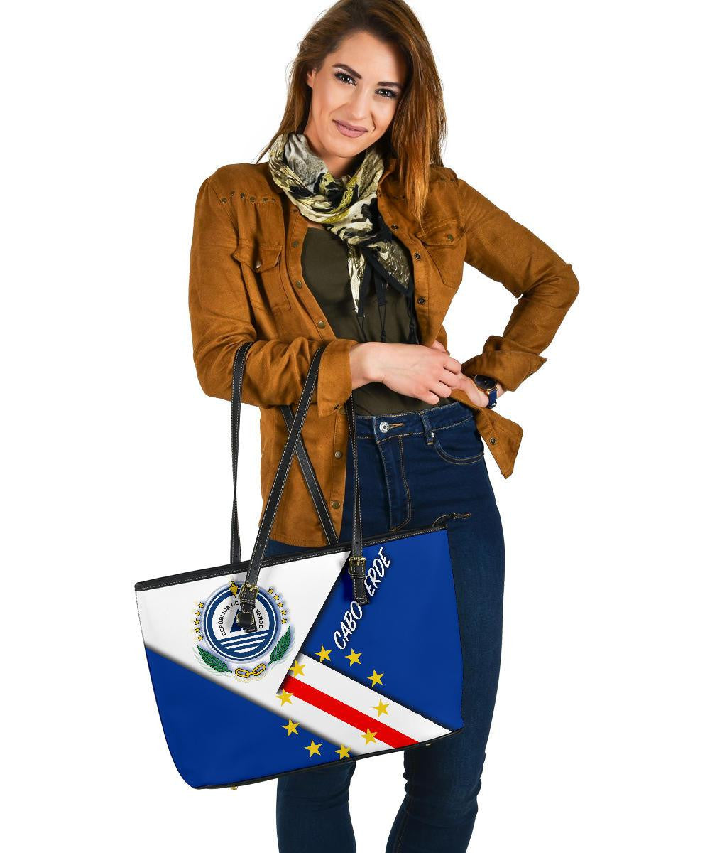 Cabo Verde Larg Leather Tote Bag - Cabo Verde Flag And Coat Of Arms RLT7