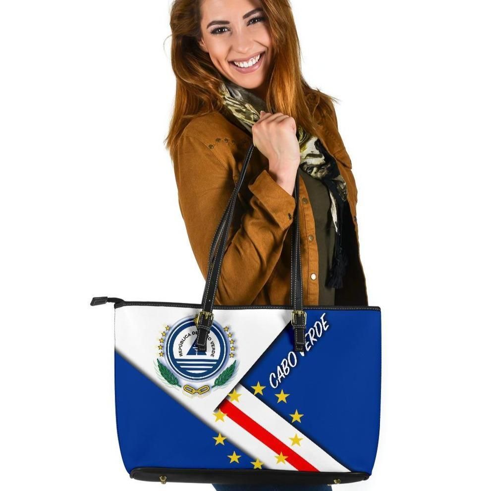 Cabo Verde Larg Leather Tote Bag - Cabo Verde Flag And Coat Of Arms RLT7
