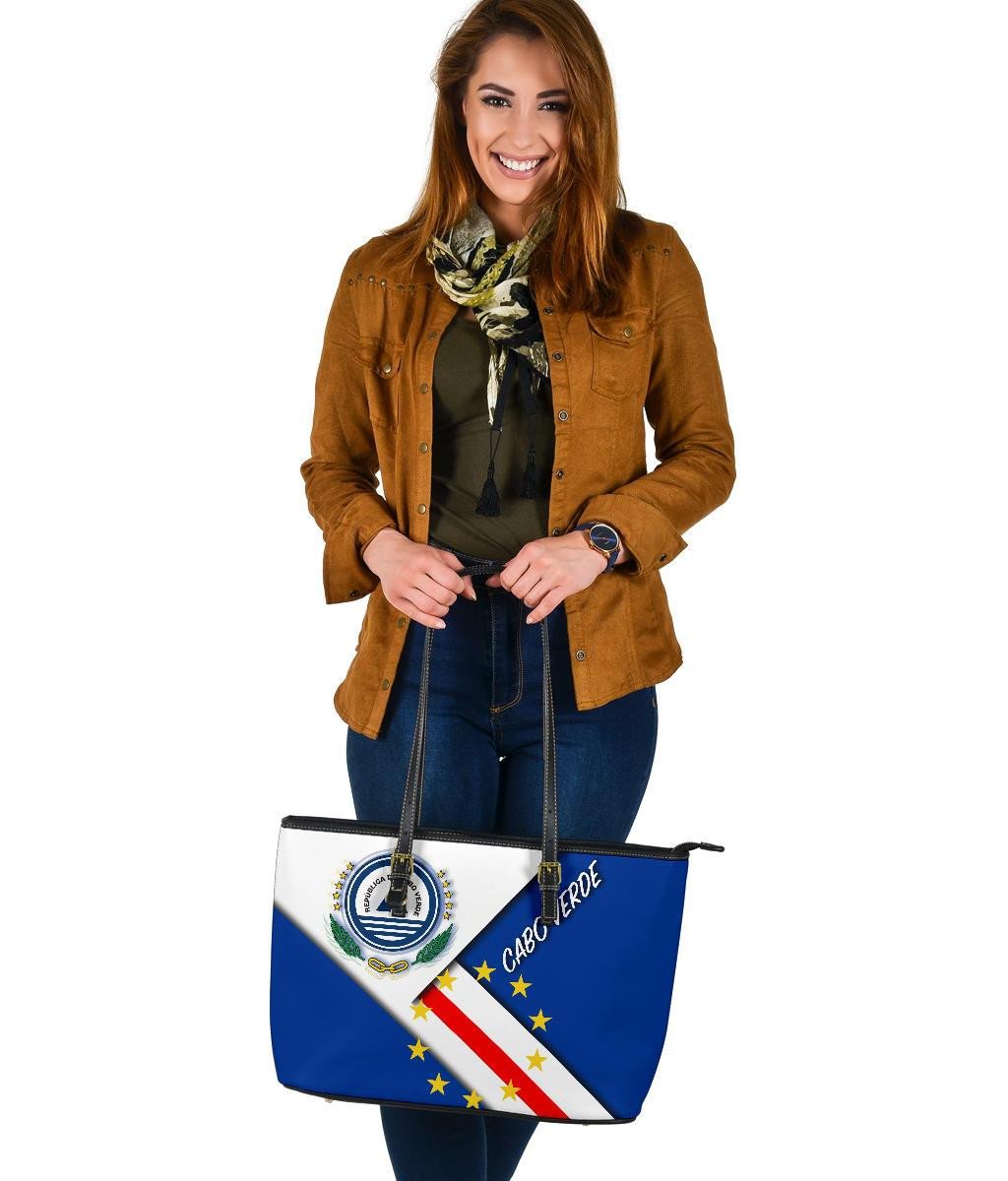 Cabo Verde Larg Leather Tote Bag - Cabo Verde Flag And Coat Of Arms RLT7