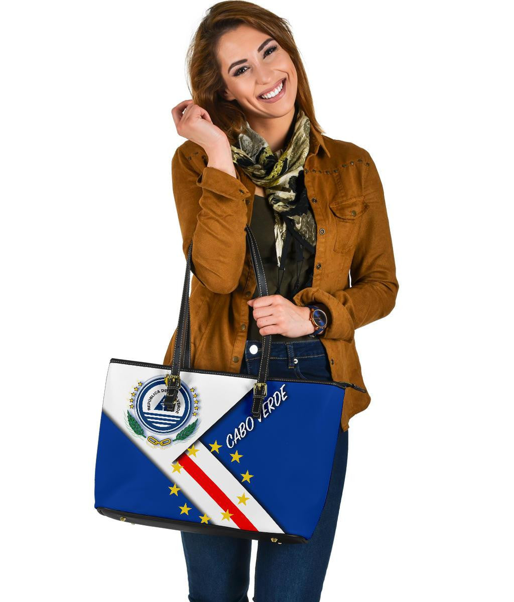 Cabo Verde Larg Leather Tote Bag - Cabo Verde Flag And Coat Of Arms RLT7