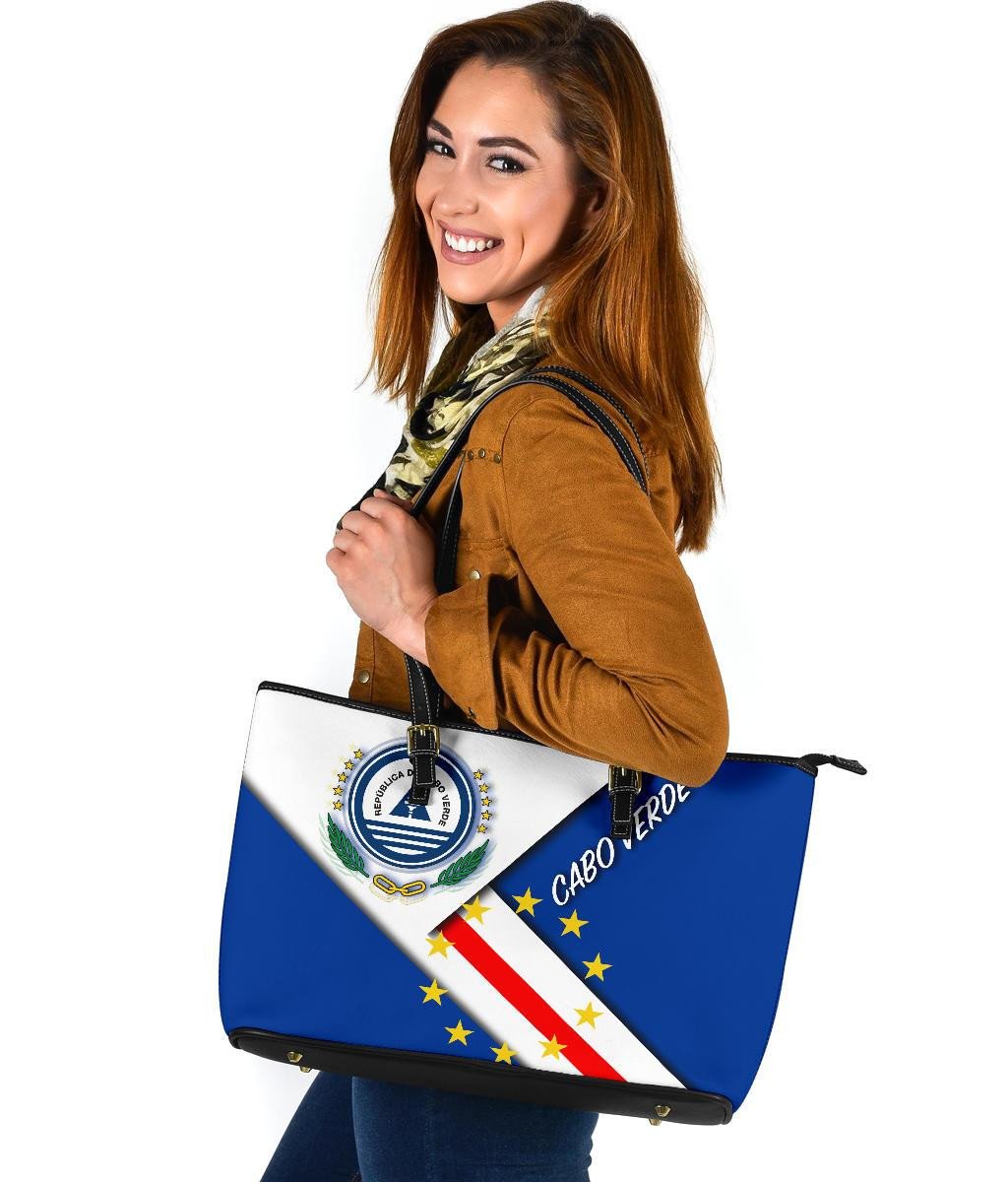Cabo Verde Larg Leather Tote Bag - Cabo Verde Flag And Coat Of Arms RLT7