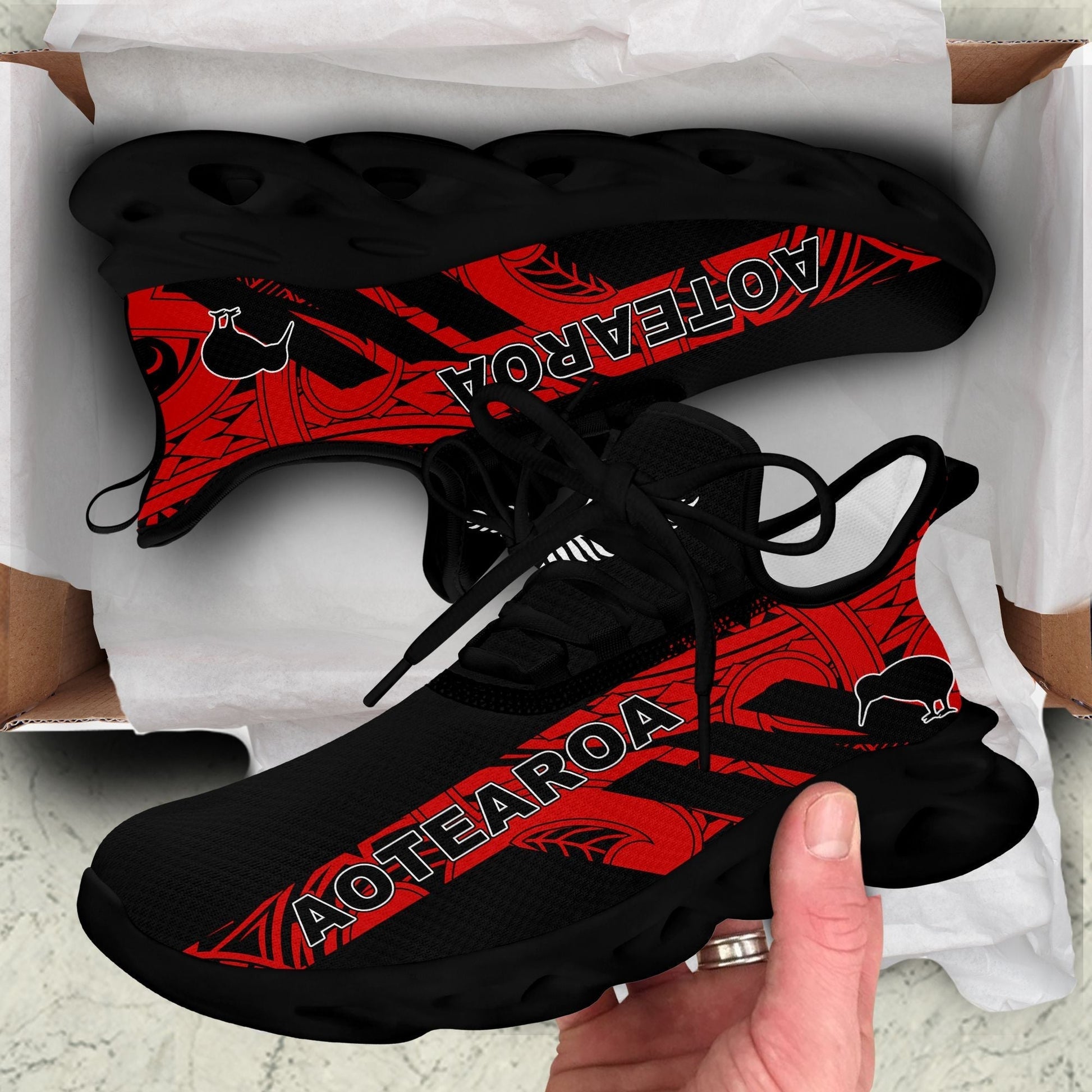 Polynesian Footwear New Zealand Flag Clunky Sneakers Black and Red LT10