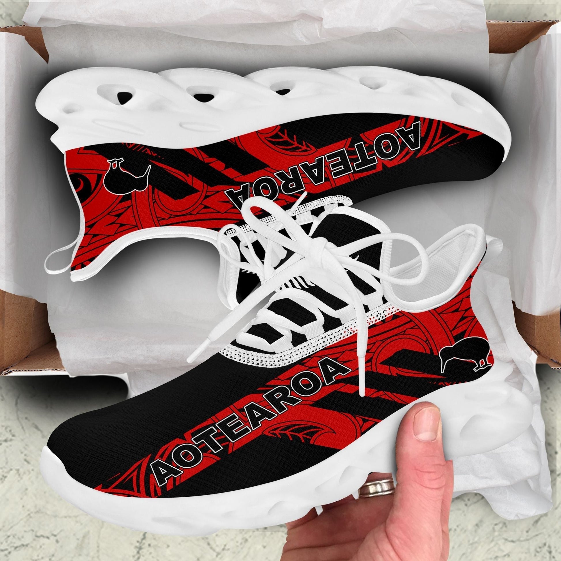 Polynesian Footwear New Zealand Flag Clunky Sneakers Black and Red LT10