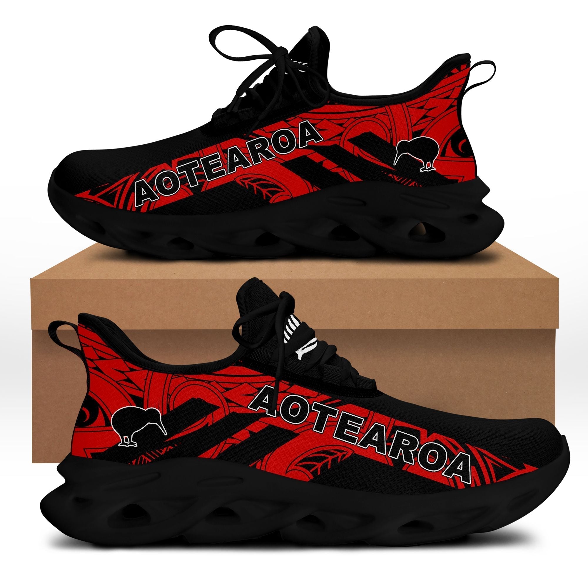 Polynesian Footwear New Zealand Flag Clunky Sneakers Black and Red LT10