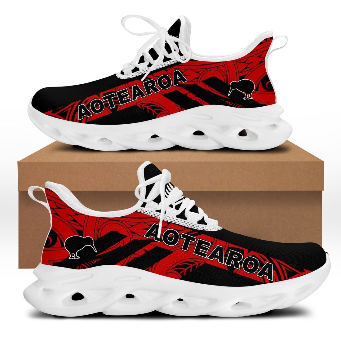 Polynesian Footwear New Zealand Flag Clunky Sneakers Black and Red LT10