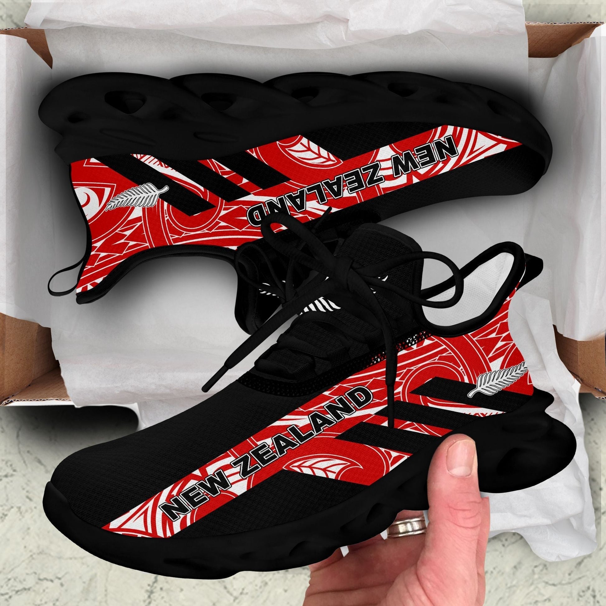 Polynesian Footwear New Zealand Flag Siver Fern Clunky Sneakers Black and Red LT10