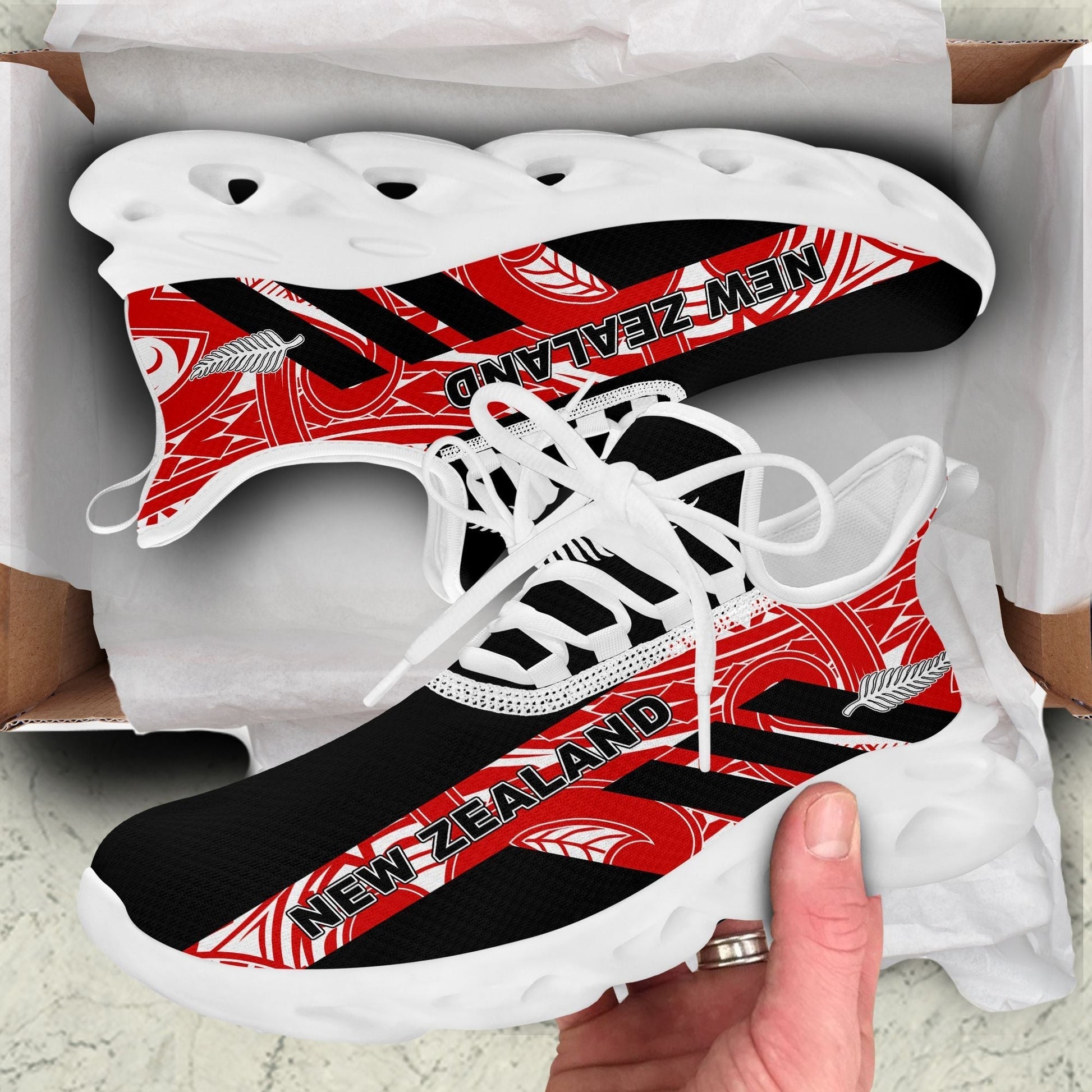Polynesian Footwear New Zealand Flag Siver Fern Clunky Sneakers Black and Red LT10