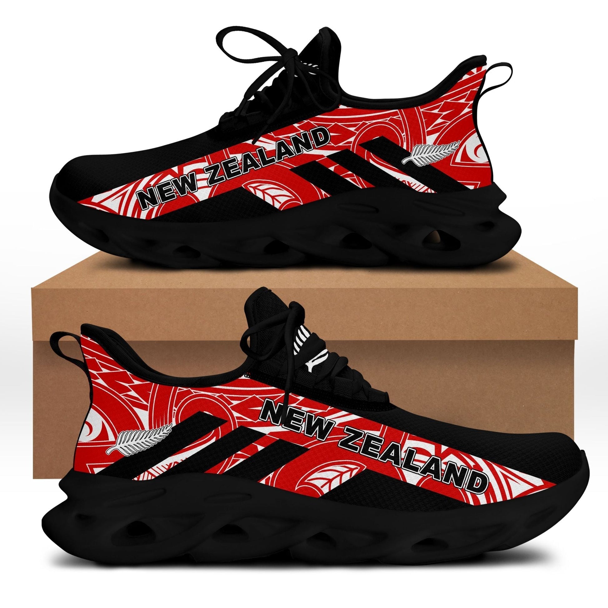 Polynesian Footwear New Zealand Flag Siver Fern Clunky Sneakers Black and Red LT10