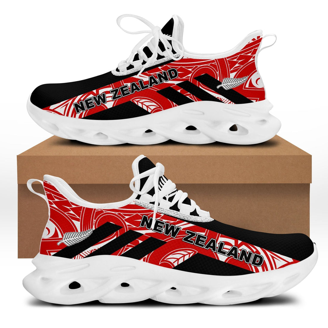 Polynesian Footwear New Zealand Flag Siver Fern Clunky Sneakers Black and Red LT10