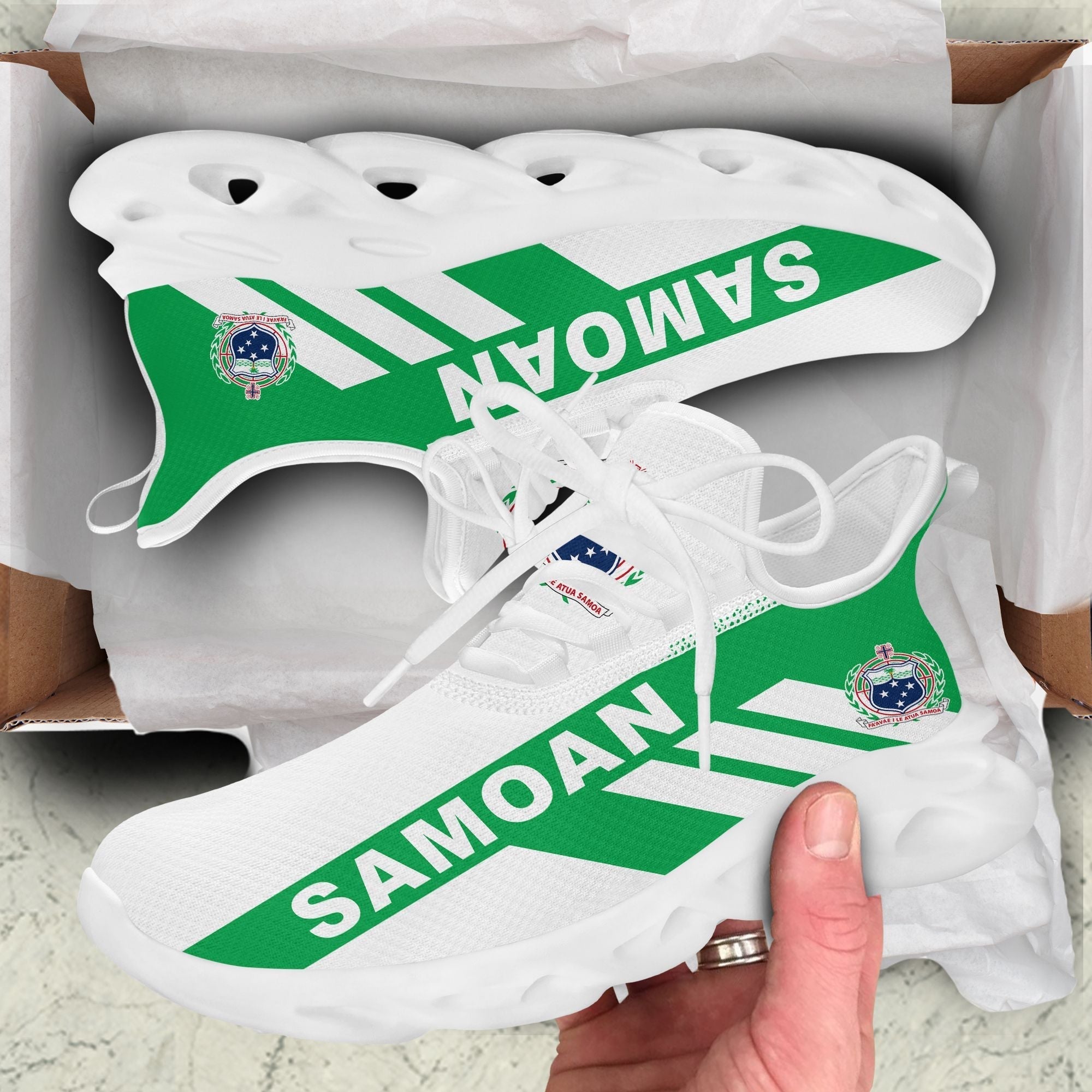 Polynesian Footwear Samoa Flag Sport Clunky Sneakers Green and White LT10