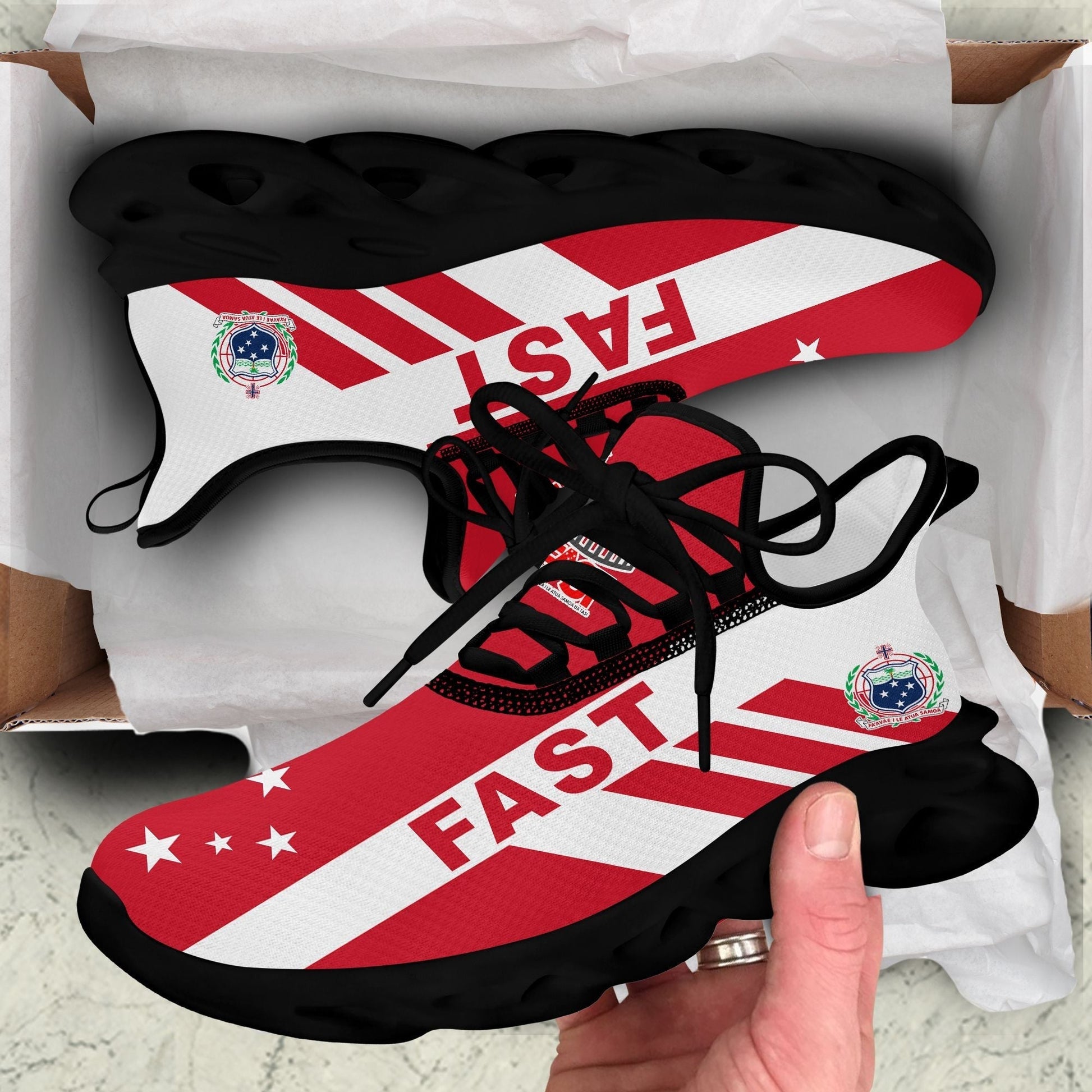 Polynesian Footwear FAST Party Flag Sport Clunky Sneakers Red and White LT10