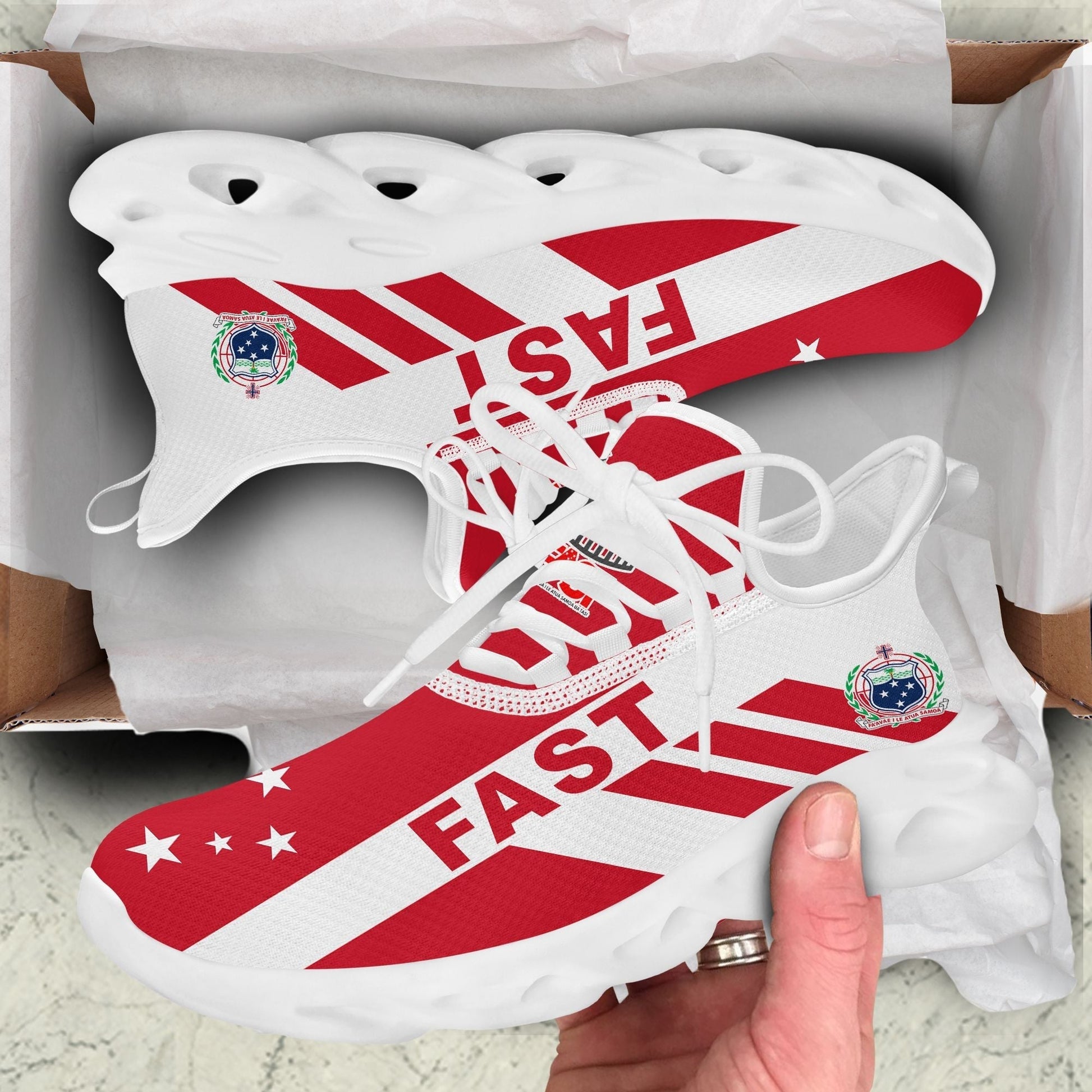 Polynesian Footwear FAST Party Flag Sport Clunky Sneakers Red and White LT10