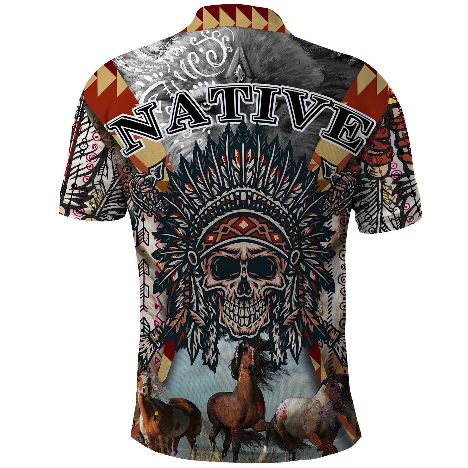 Native American Feather Headdress With Native Horses And Three Wolves In Moonlight African Pattern Polo Shirt TS04