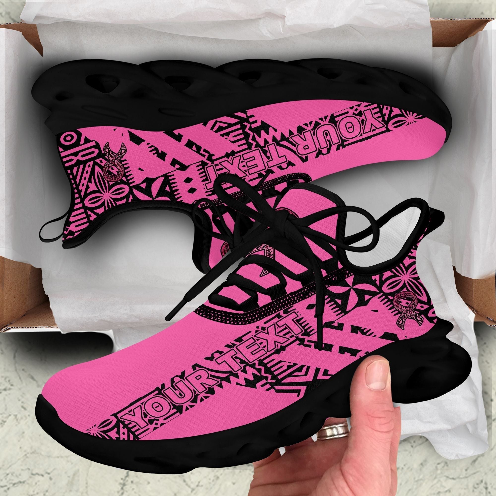 Polynesian Footwear Fiji Tapa Pinktober Sport Clunky Sneakers Black LT10