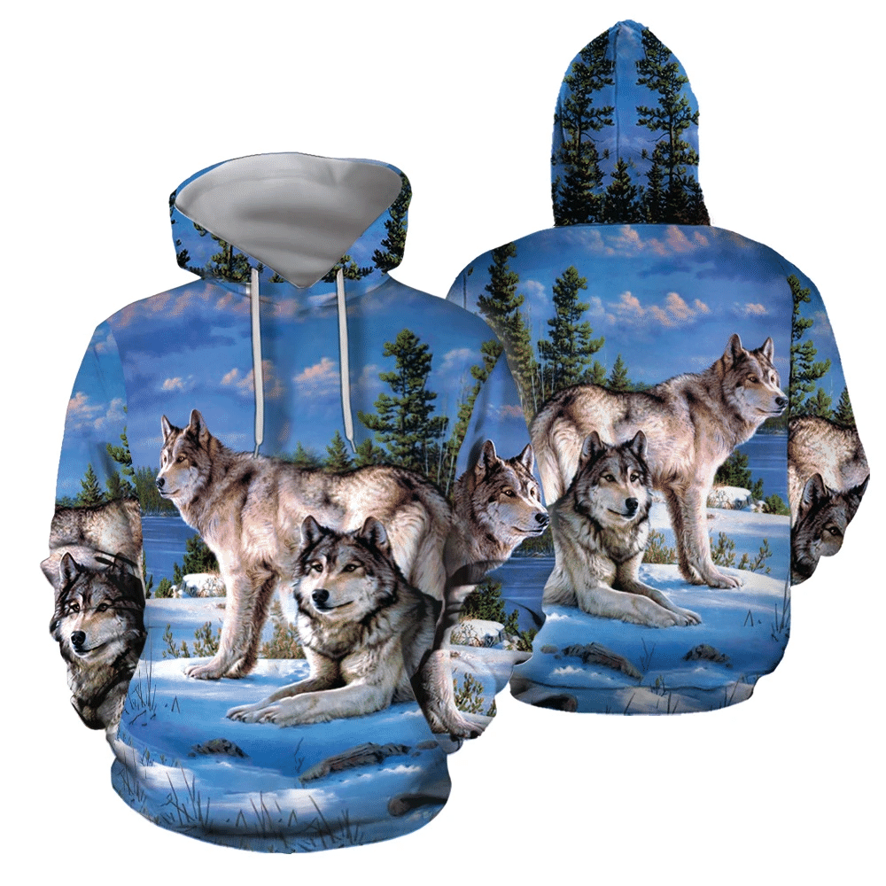 3D All Over Printed Couple Of Wolves Lie On Snow Hoodie