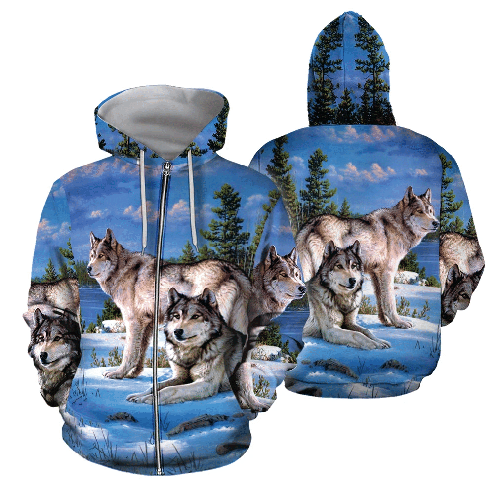 3D All Over Printed Couple Of Wolves Lie On Snow Hoodie