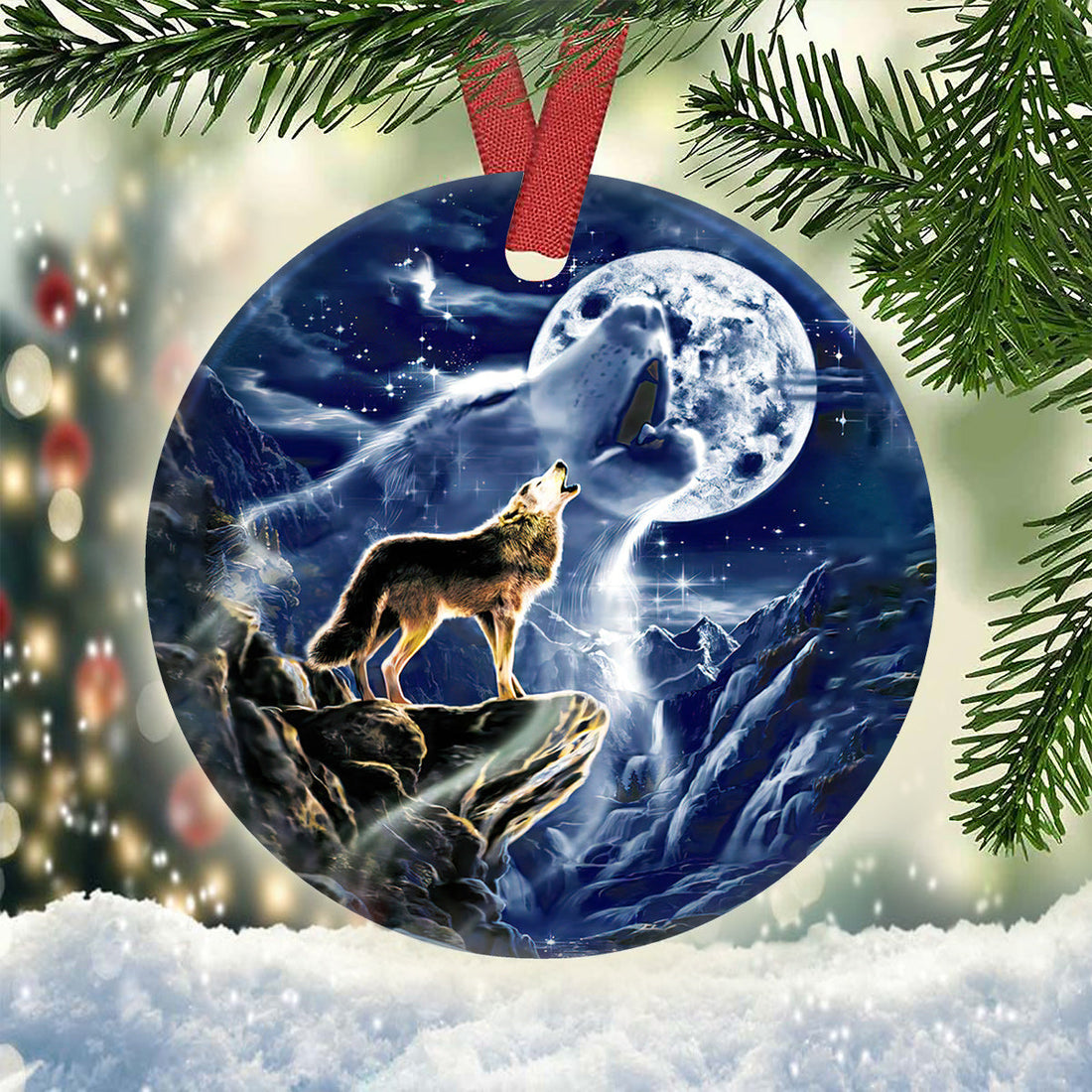 Wolf On The Mountain Moon Circle Ornament