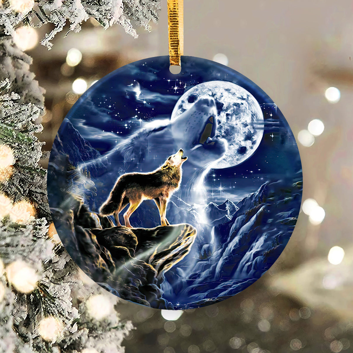 Wolf On The Mountain Moon Circle Ornament