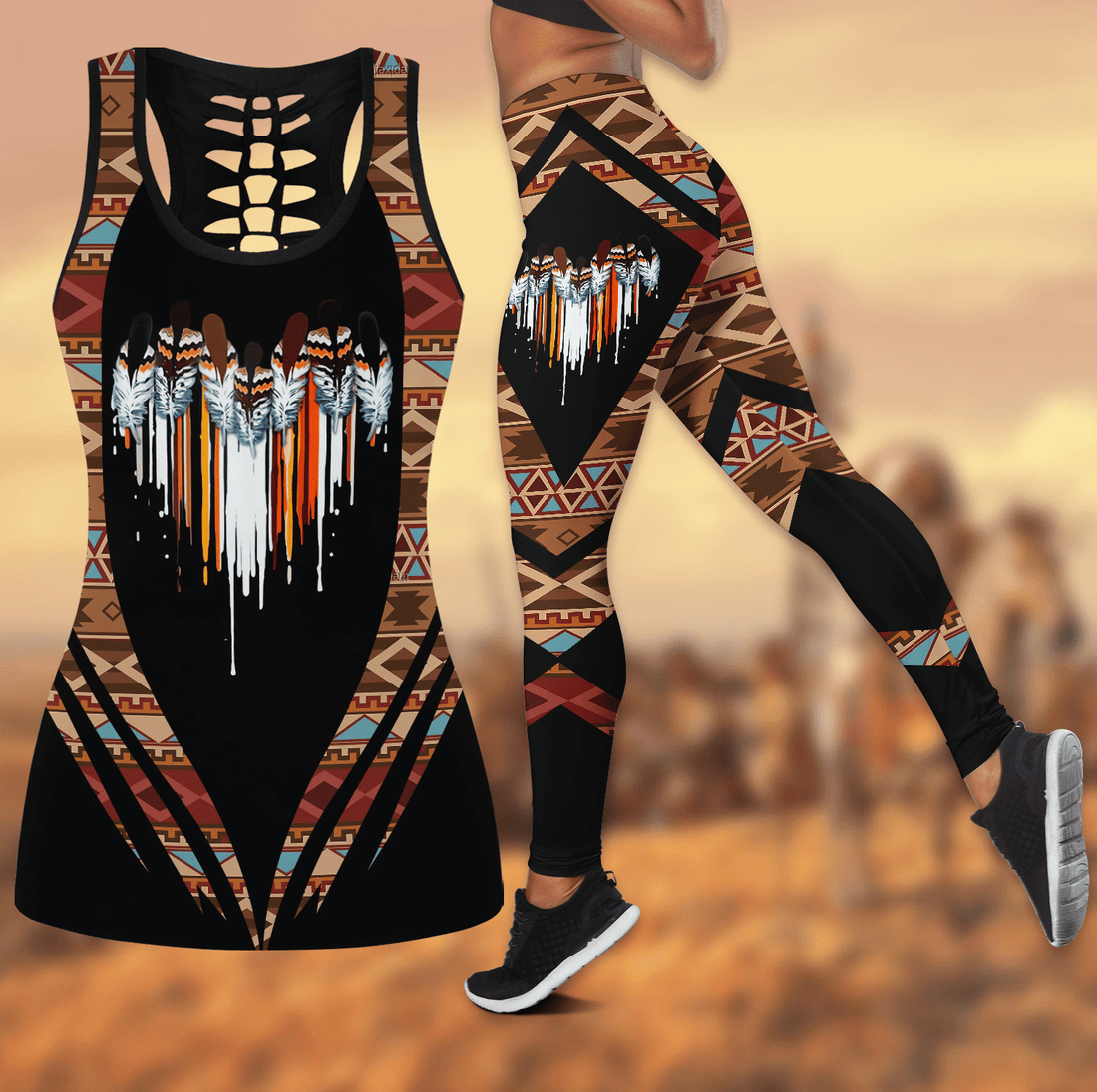 Native American Brocade Patterns All Over Printed Leggings and Hollow Tank - AM Style Design