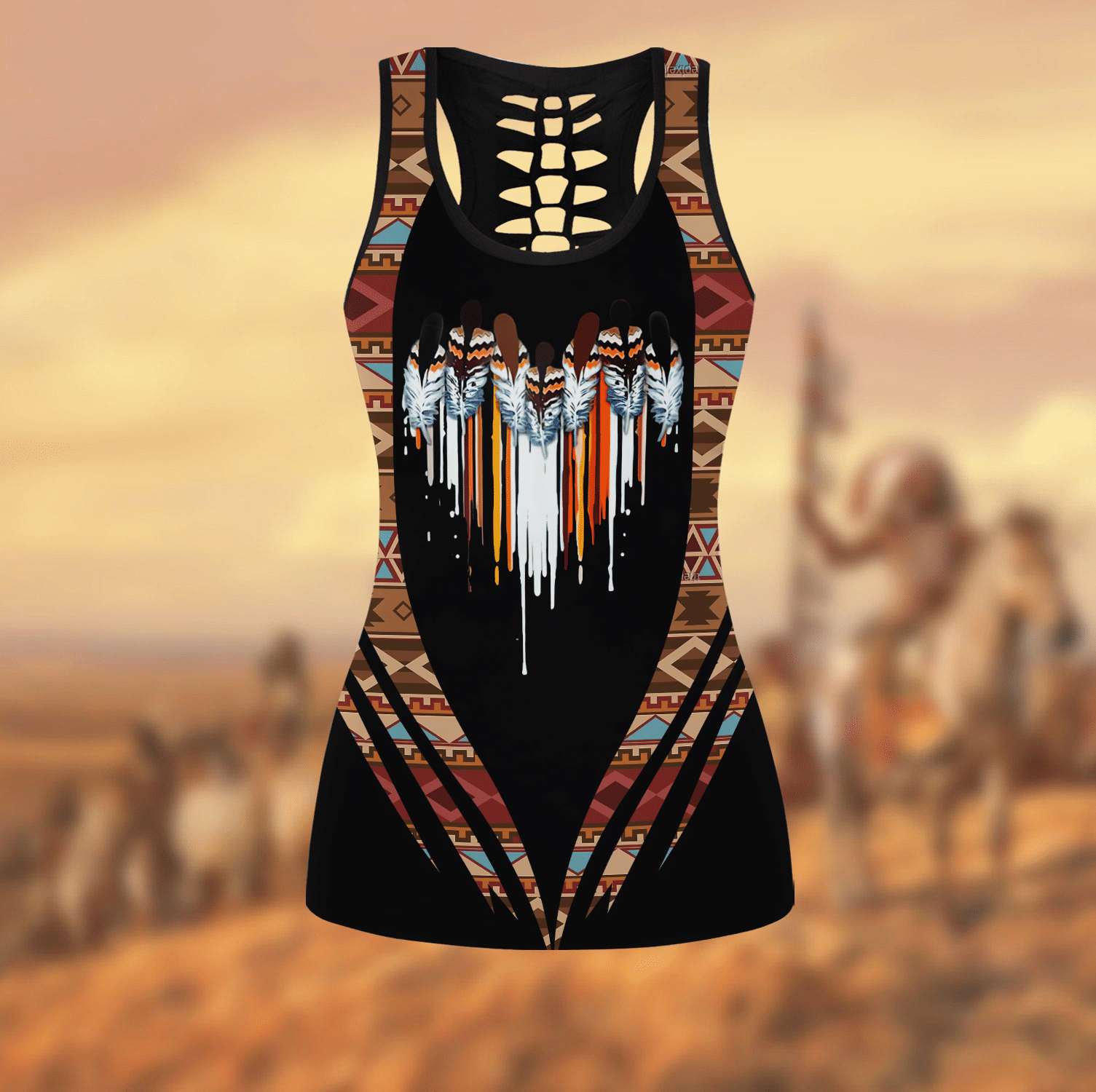 Native American Brocade Patterns All Over Printed Leggings and Hollow Tank - AM Style Design