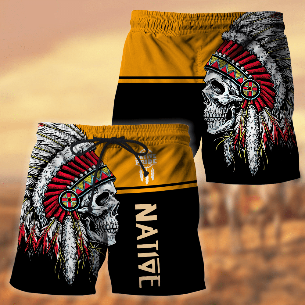 Black and Yeallow Native Skull Pattern Native American All Over Printed Men Shorts