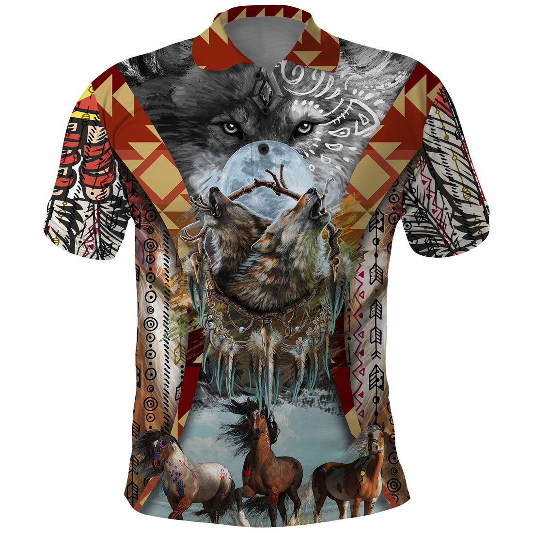 Native American Feather Headdress With Native Horses And Three Wolves In Moonlight African Pattern Polo Shirt TS04