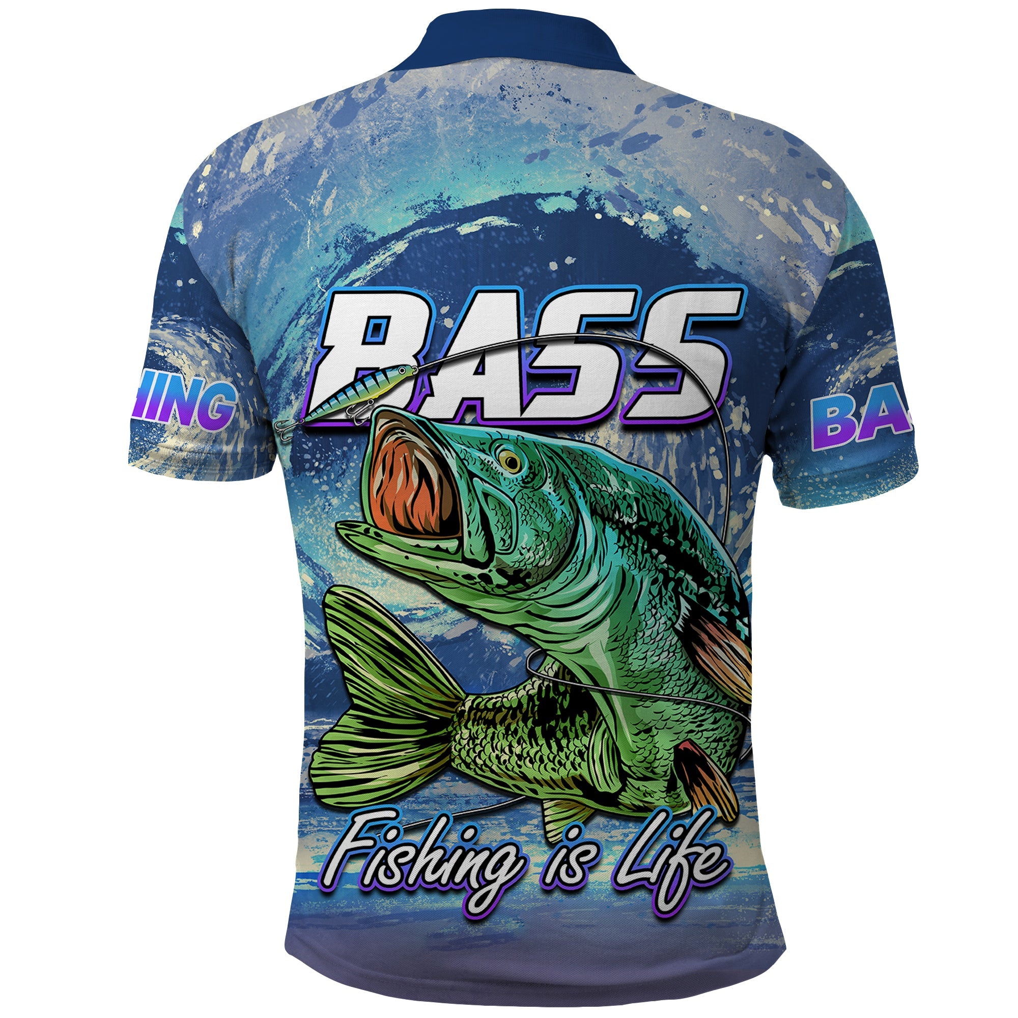 Bass Fishing Polo Shirt Fishing is Life Hook Sport Largemouth Blue LT9