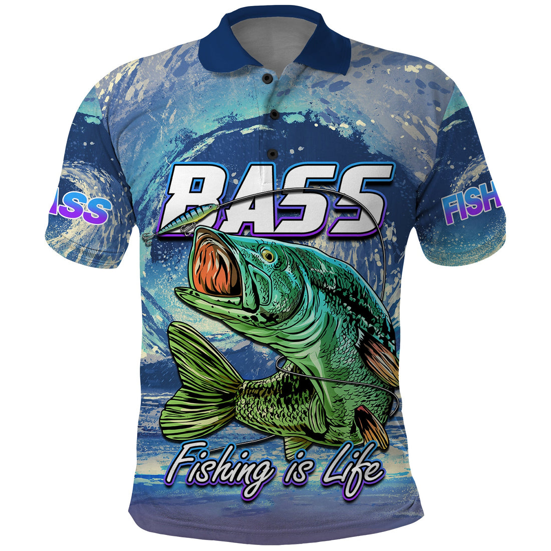 Bass Fishing Polo Shirt Fishing is Life Hook Sport Largemouth Blue LT9