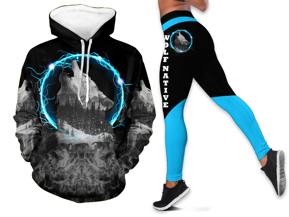 Native American Black and White Howling Wolf Hoodie Leggings Set LT10