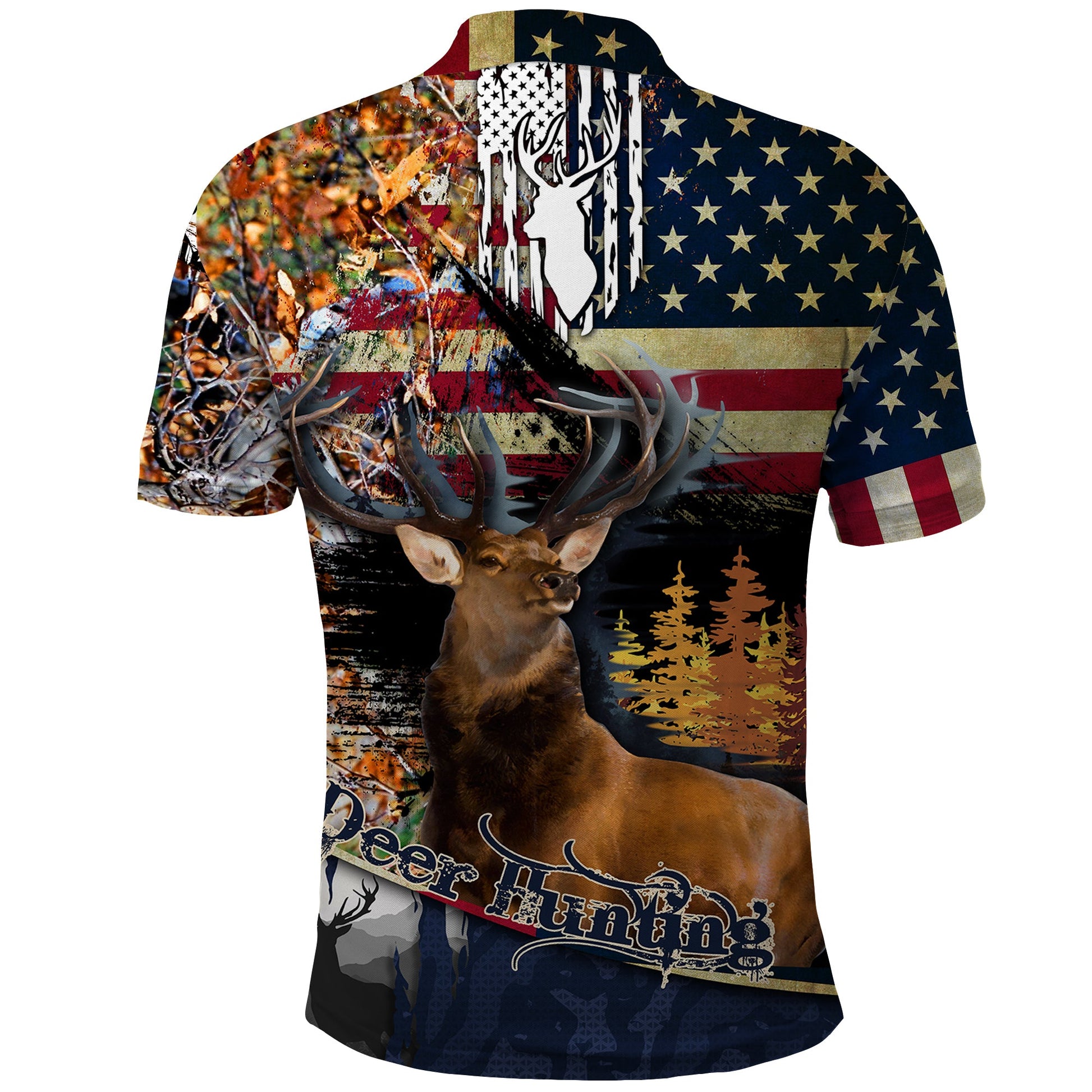 Deer Hunting American Flag Deciduous Forest Pattern Polo Shirt TS04