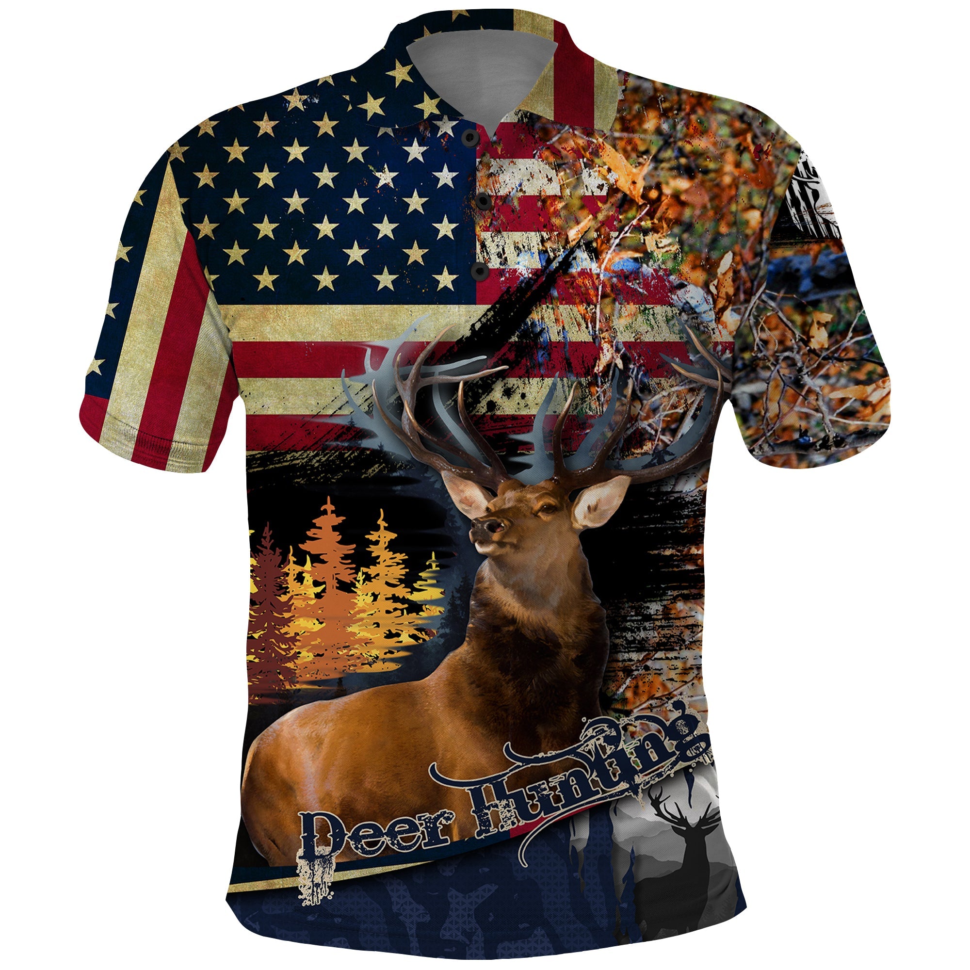 Deer Hunting American Flag Deciduous Forest Pattern Polo Shirt TS04