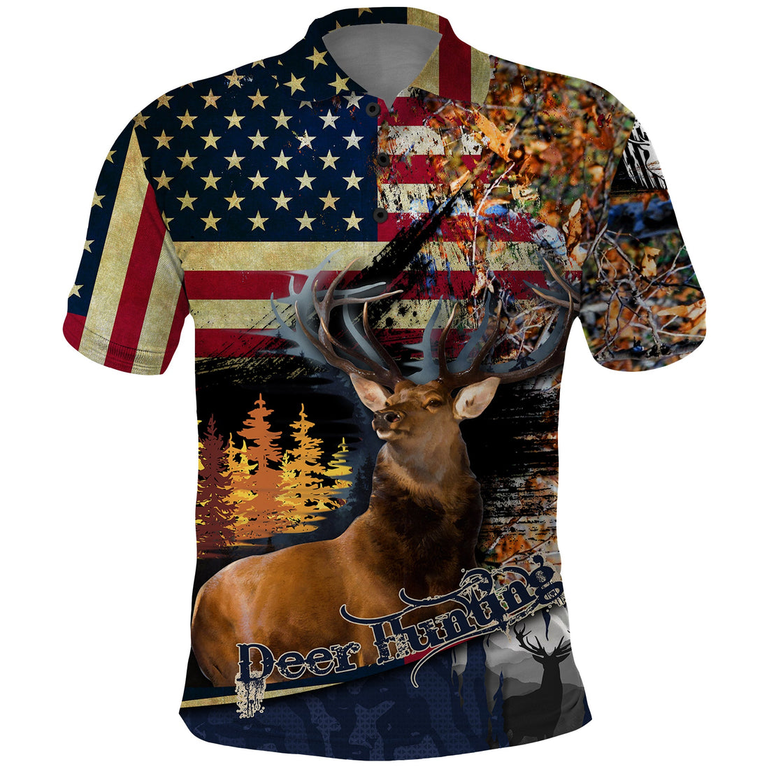 Deer Hunting American Flag Deciduous Forest Pattern Polo Shirt TS04