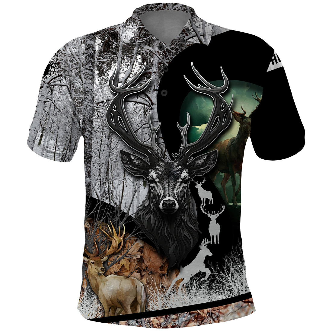 Deer Hunting A Mystical Deer With Large Antler Within A Forest Winter Forest Pattern Polo Shirt TS04