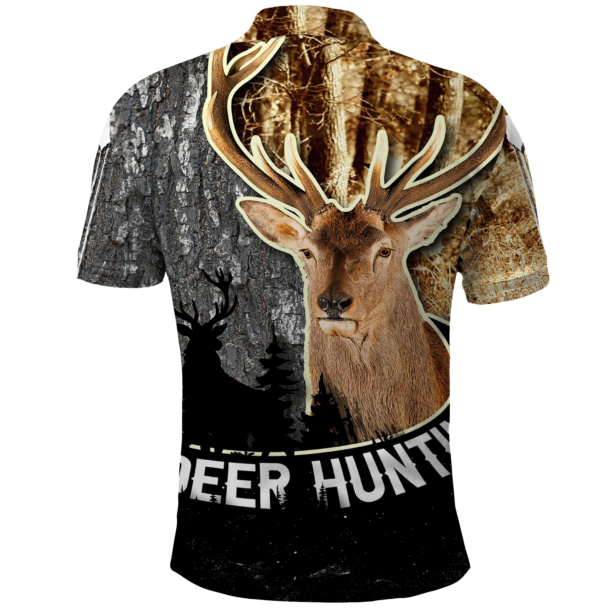 Deer Hunting Old Tree Bark Texture And Dry Broadleaf Forest Abstract Pattern Polo Shirt TS04