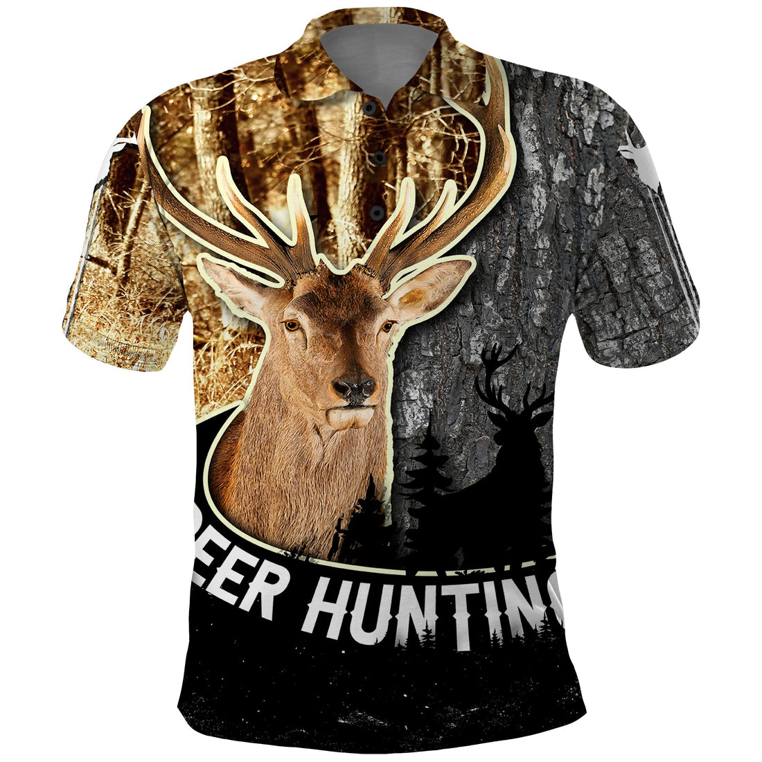 Deer Hunting Old Tree Bark Texture And Dry Broadleaf Forest Abstract Pattern Polo Shirt TS04