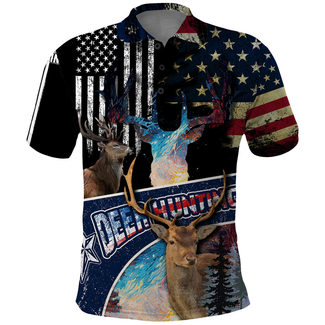 Deer Hunting American Flag Tie Dye Forest Painting Pattern Polo Shirt TS04