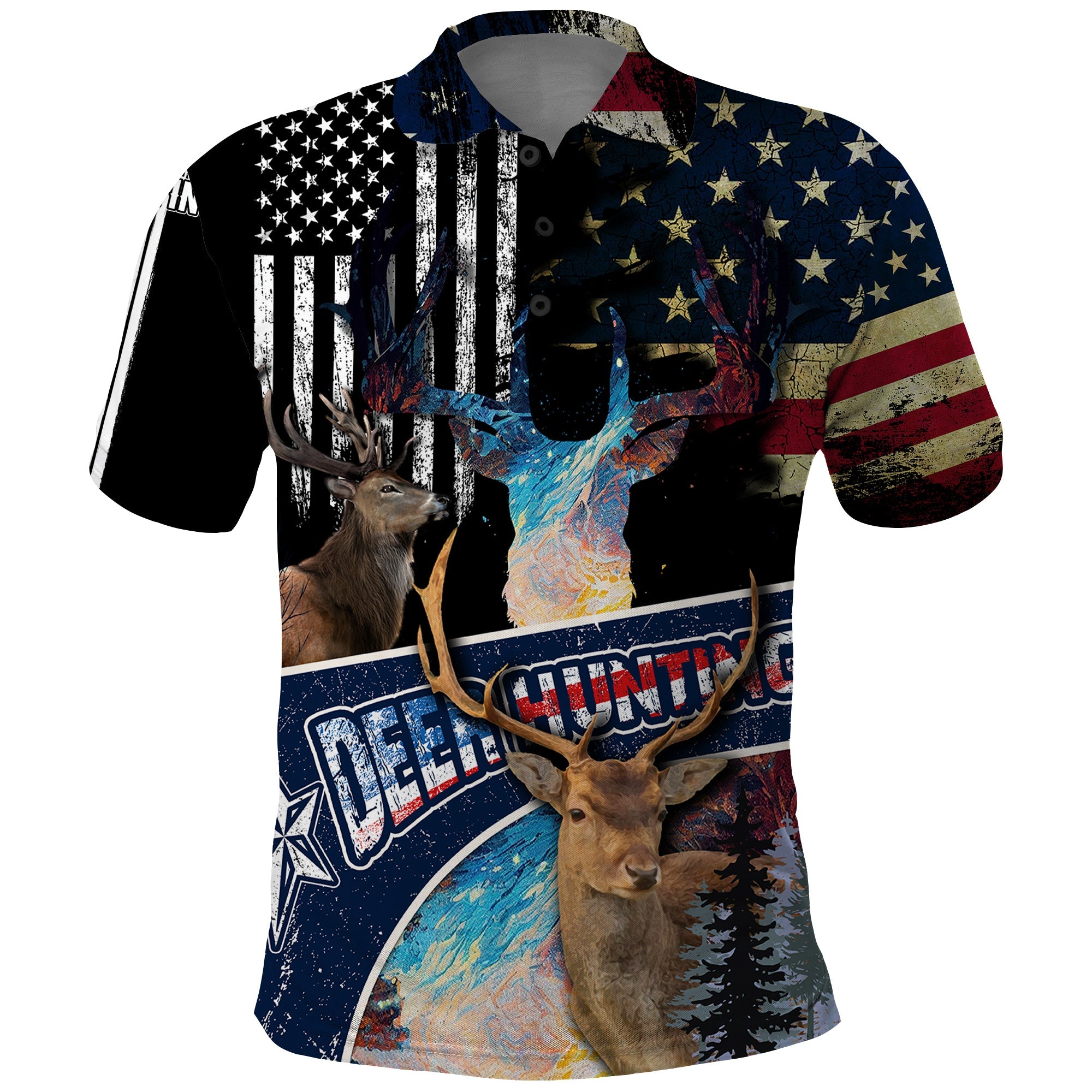 Deer Hunting American Flag Tie Dye Forest Painting Pattern Polo Shirt TS04