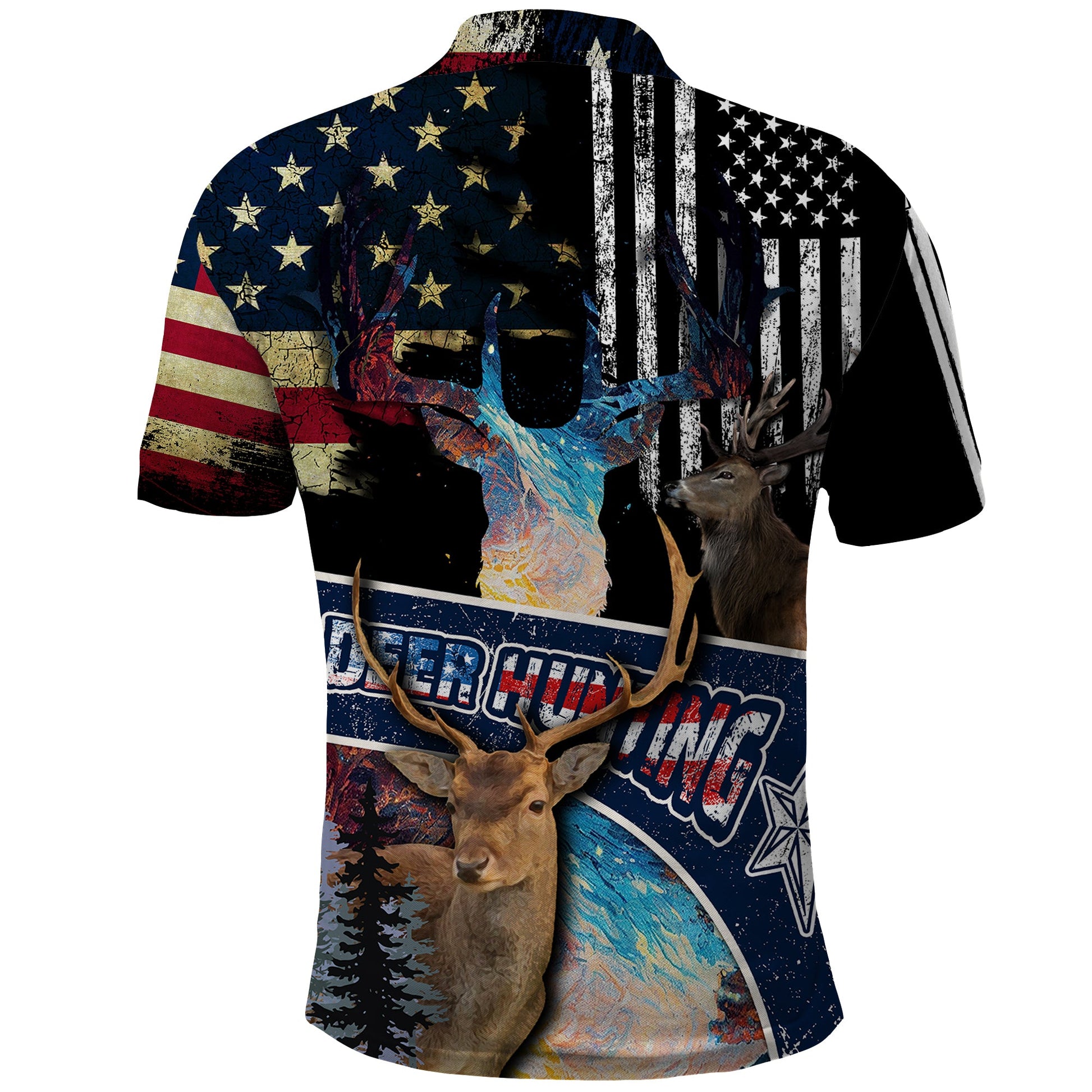 Deer Hunting American Flag Tie Dye Forest Painting Pattern Polo Shirt TS04