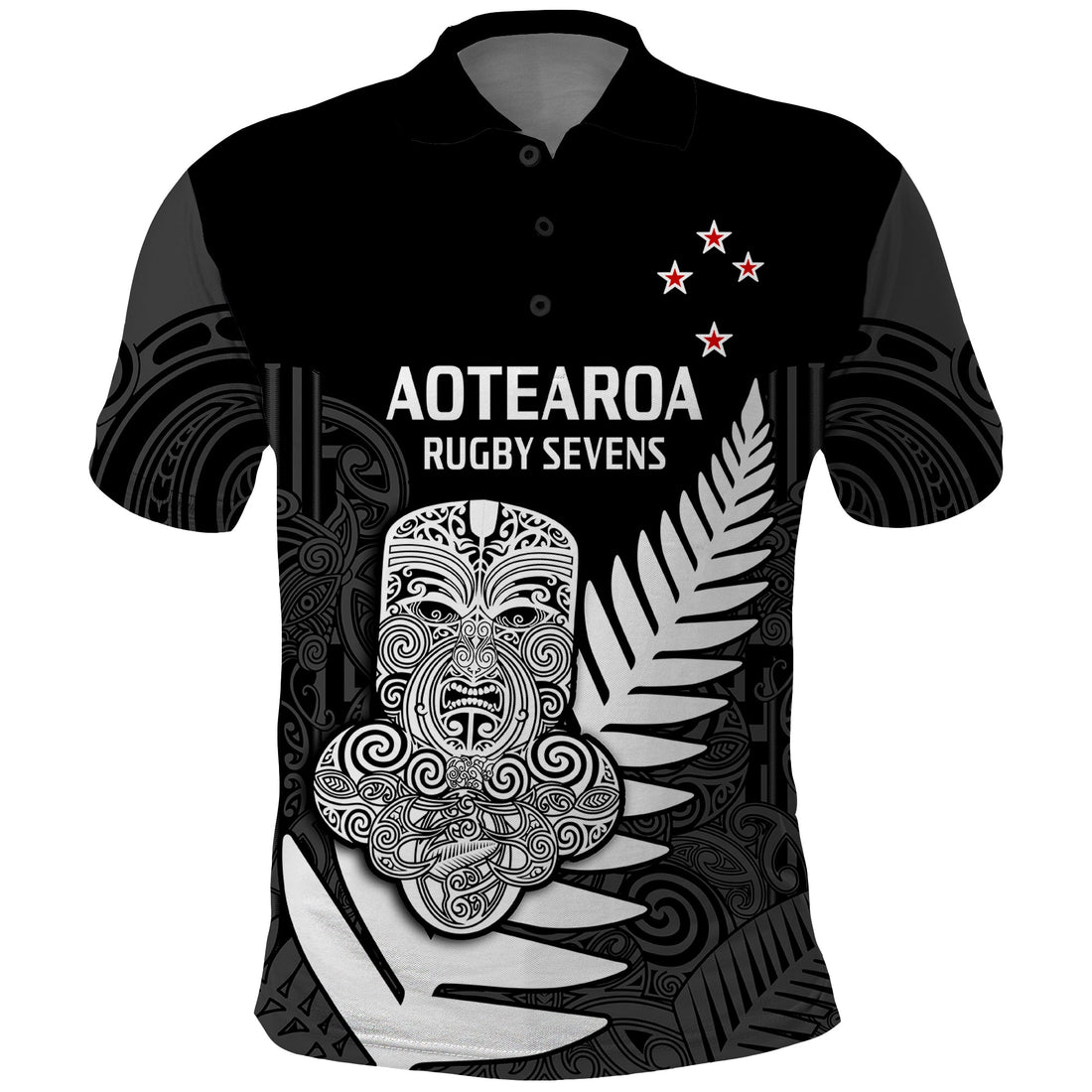 (Custom Text And Number) Aotearoa Rugby Sevens All Black Tiki Fern Polo Shirt LT14