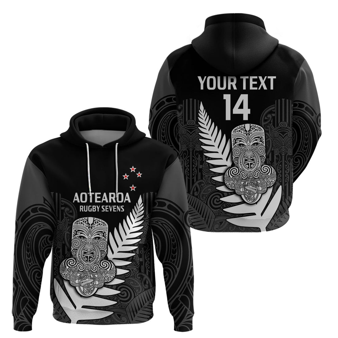 Custom Aotearoa Rugby Sevens All Black Tiki Fern Hoodie LT14