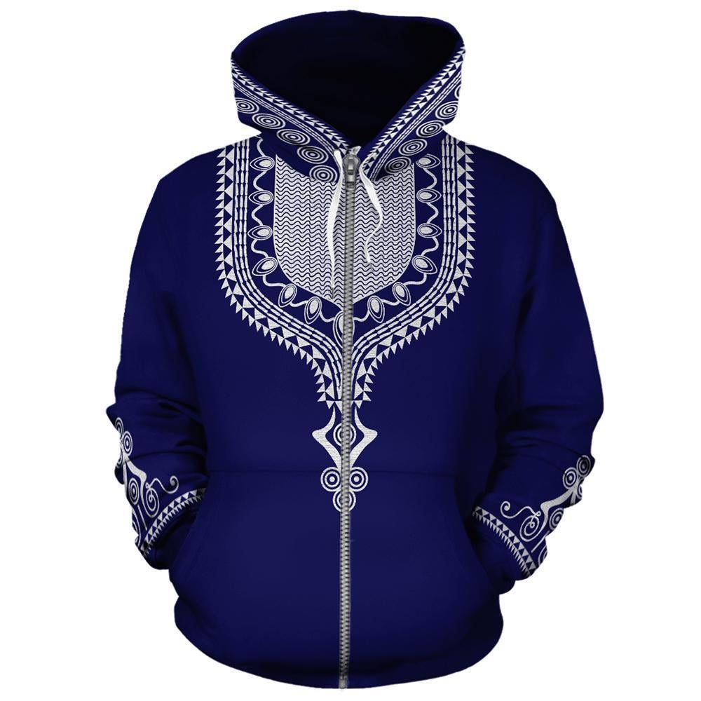 African Hoodie Blue Dashiki Zip Hoodie